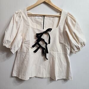 Smith & Quinn Women Cottage Feminine Romantic Corduroy Puff Sleeve Bow Top L